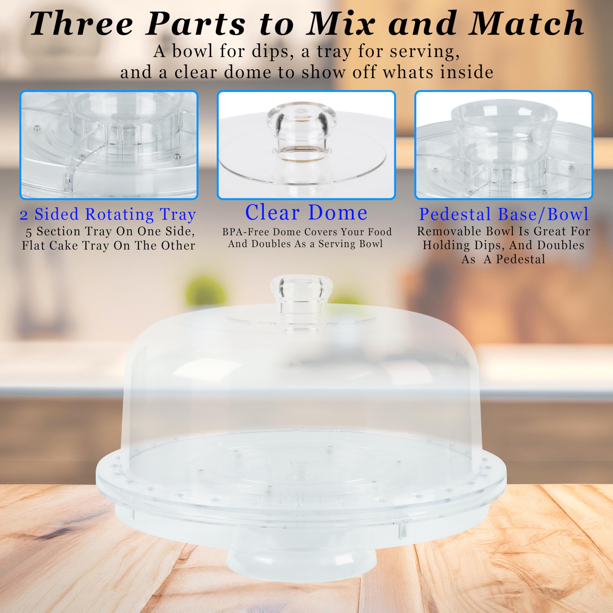 JOEY'Z separated modular parts showing bowl, platter, and dome for easy conversion