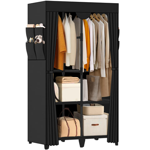 Jofuler front view of assembled black portable closet showing neat storage