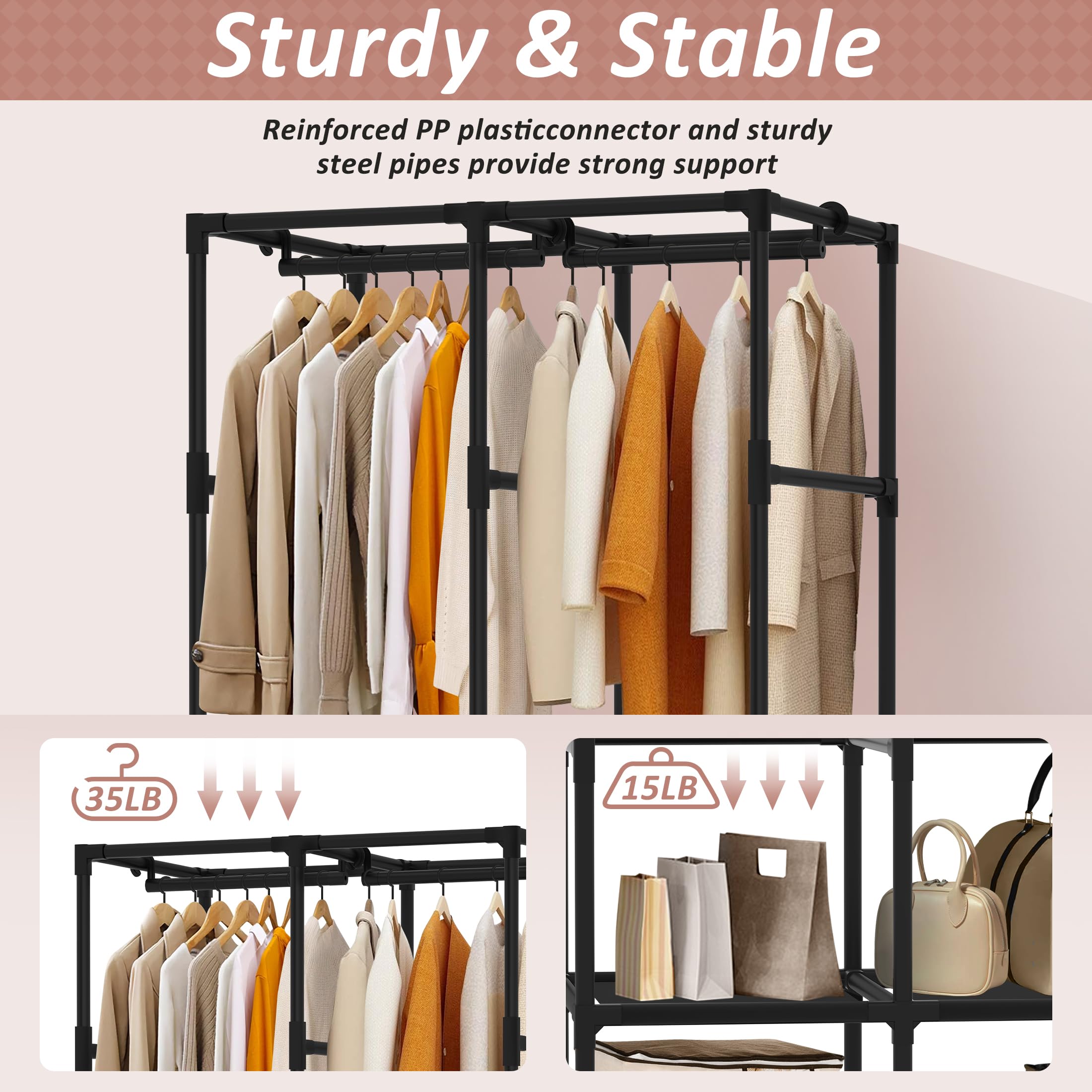 Jofuler closet with hanging rods loaded to demonstrate garment capacity