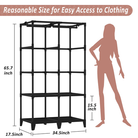 Jofuler portable closet next to person to show compact size and scale