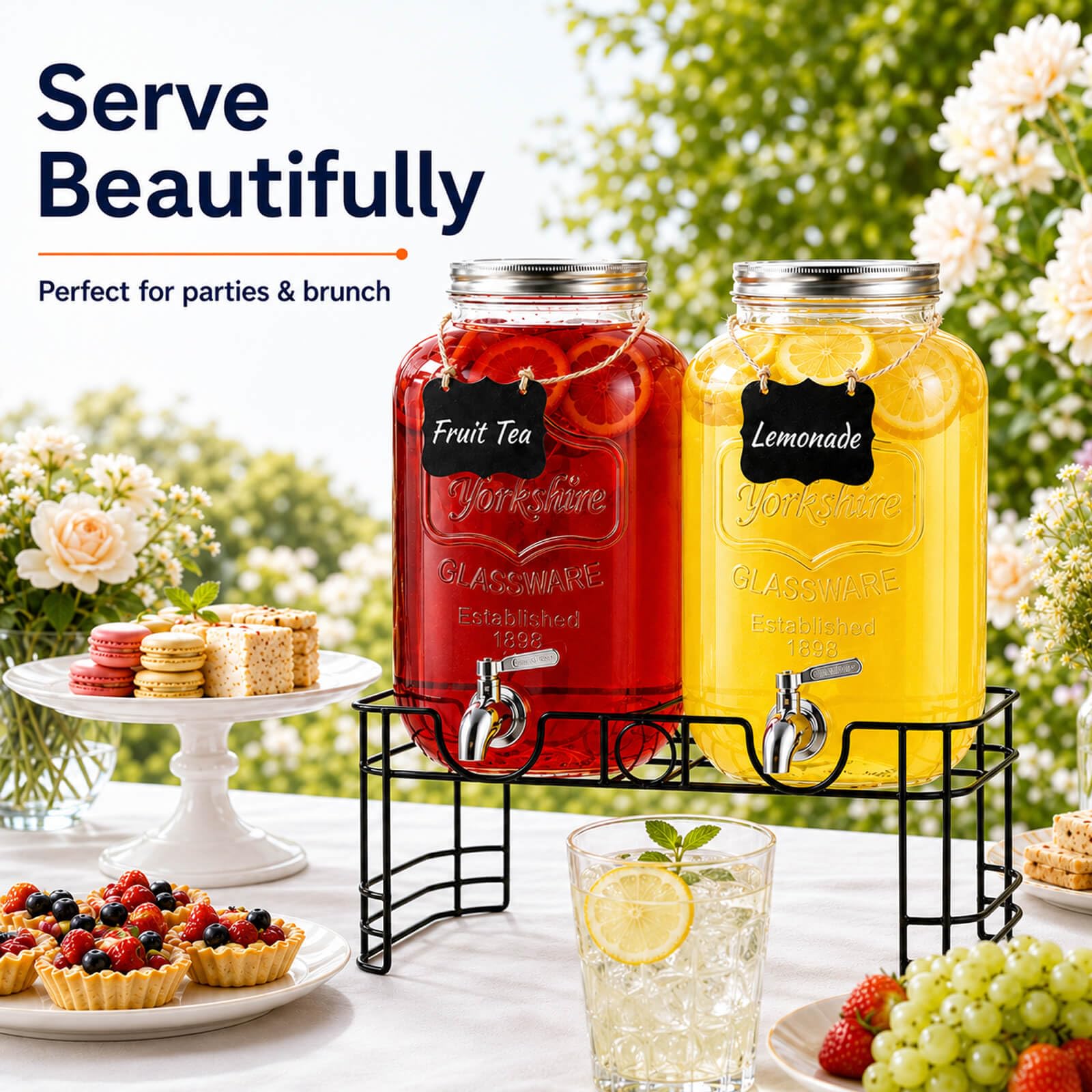 JOFUYU dispenser pouring iced tea at an outdoor party for easy serving