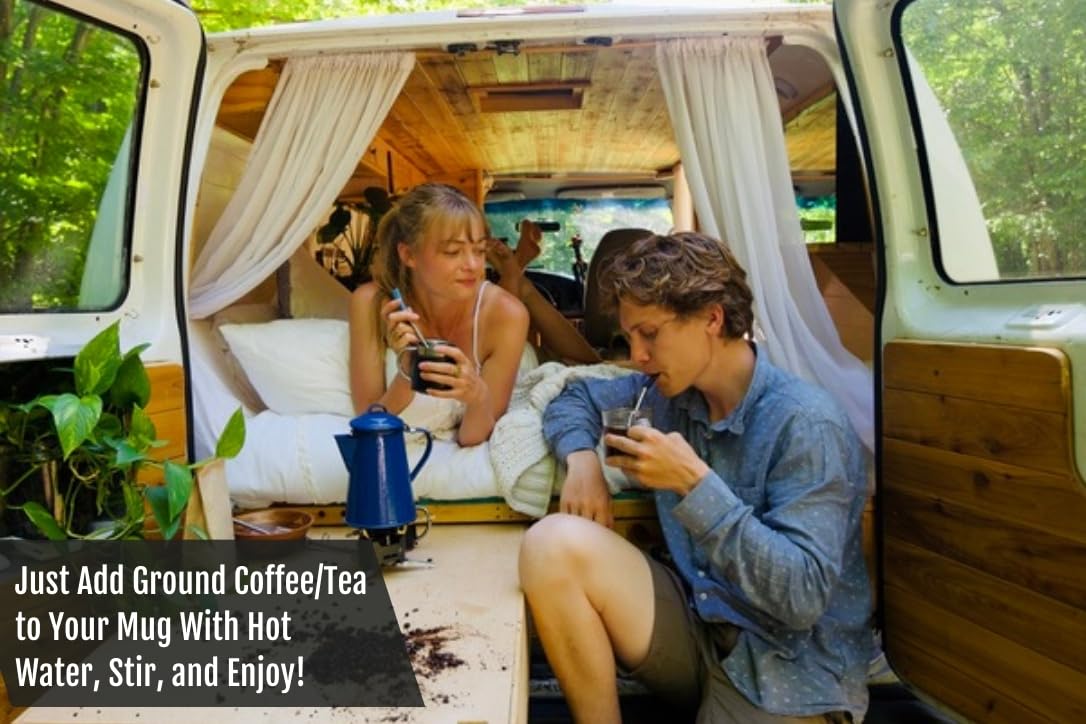 JoGo straw inserted into a cup of hot coffee, easy single-serve brewing