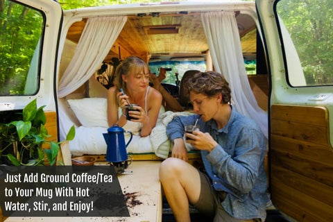 JoGo straw inserted into a cup of hot coffee, easy single-serve brewing