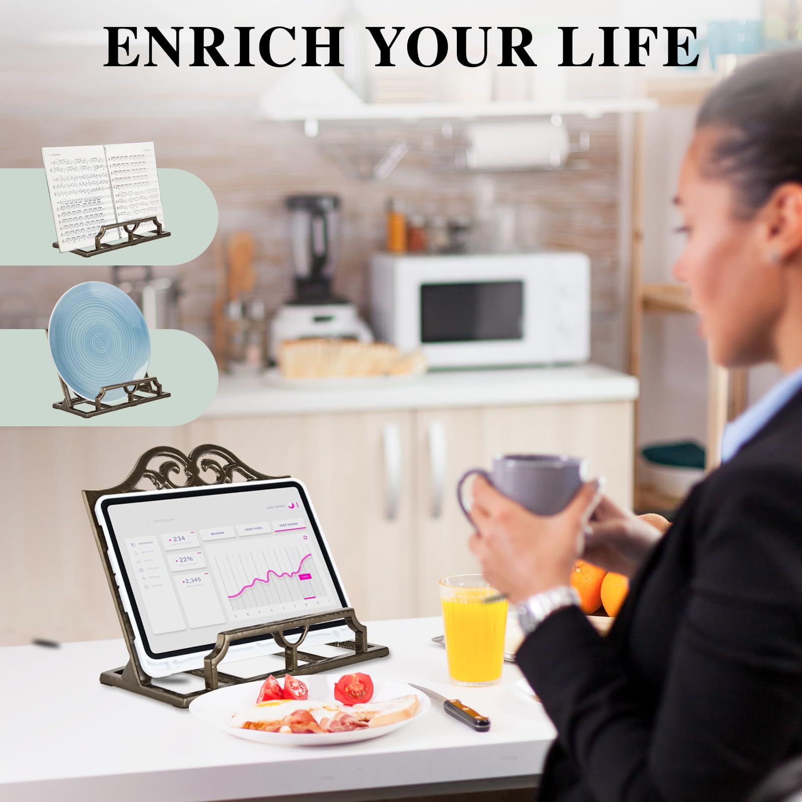 jogreful holding tablet and cookbook in kitchen for hands free recipe reading