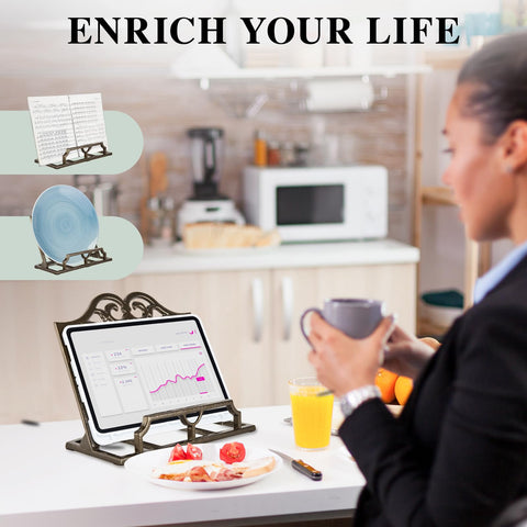 jogreful holding tablet and cookbook in kitchen for hands free recipe reading