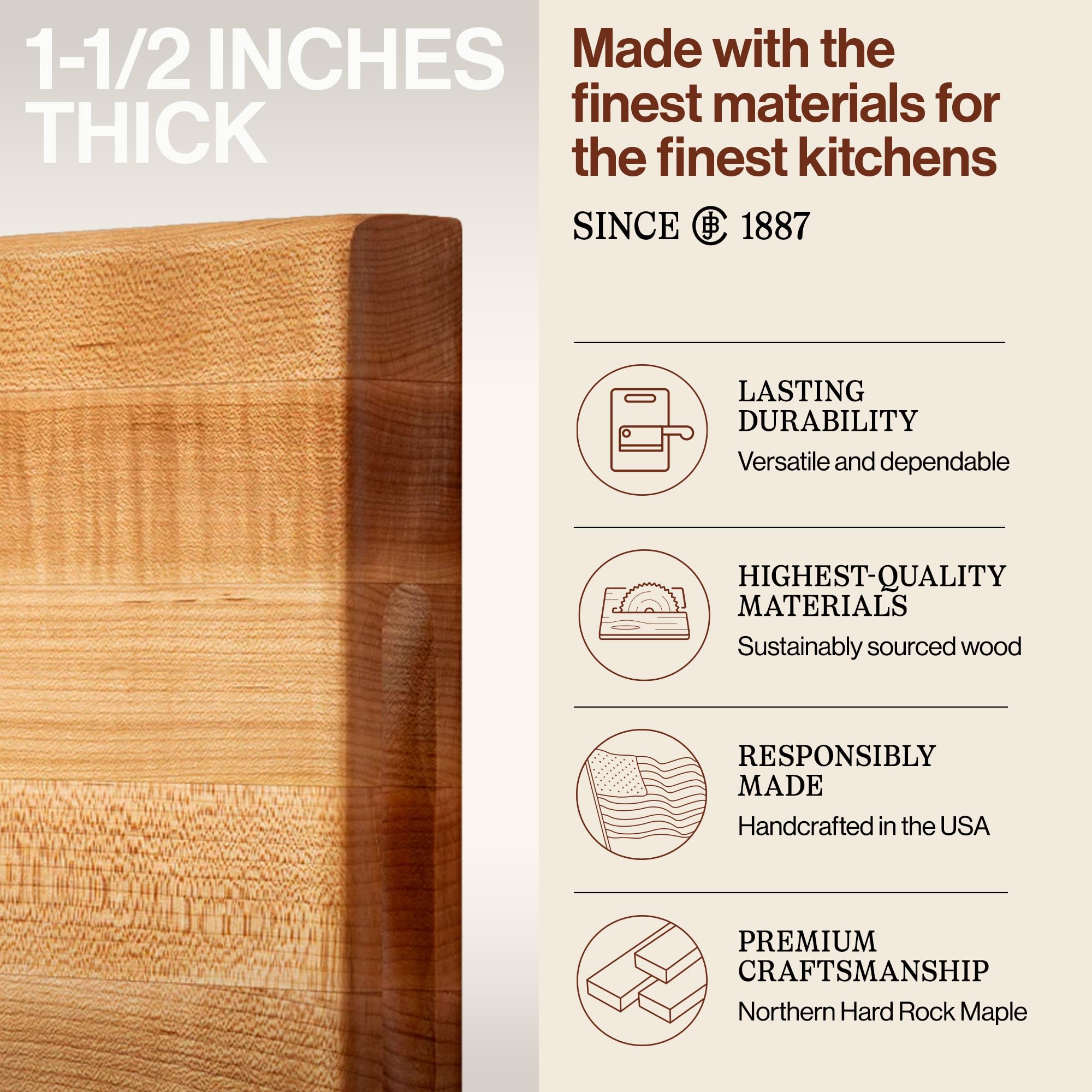 John Boos board edge showing 1.5 inch thickness for stability and resilience