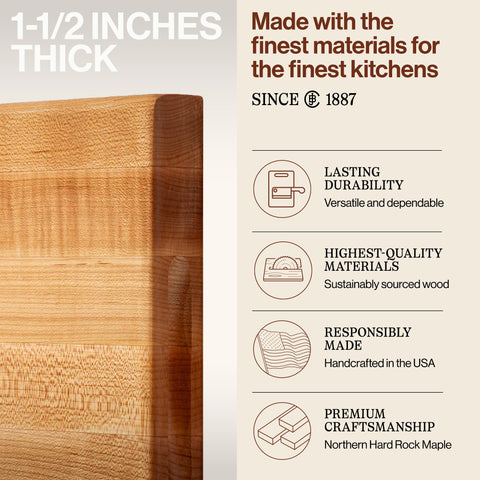 John Boos board edge showing 1.5 inch thickness for stability and resilience