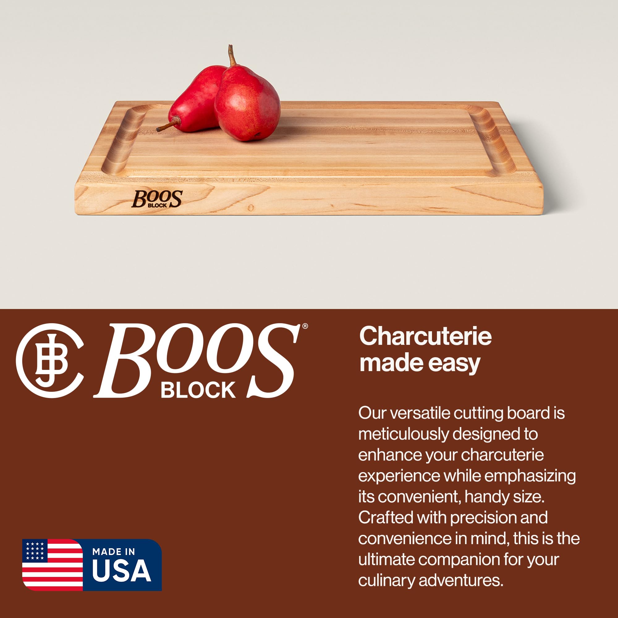 John Boos recessed finger grips shown for safe carrying and stable handling