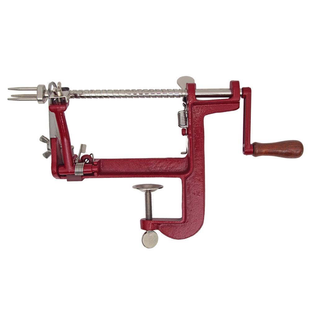 Johnny Apple Peeler front view showing cast iron body and crank for durable prep