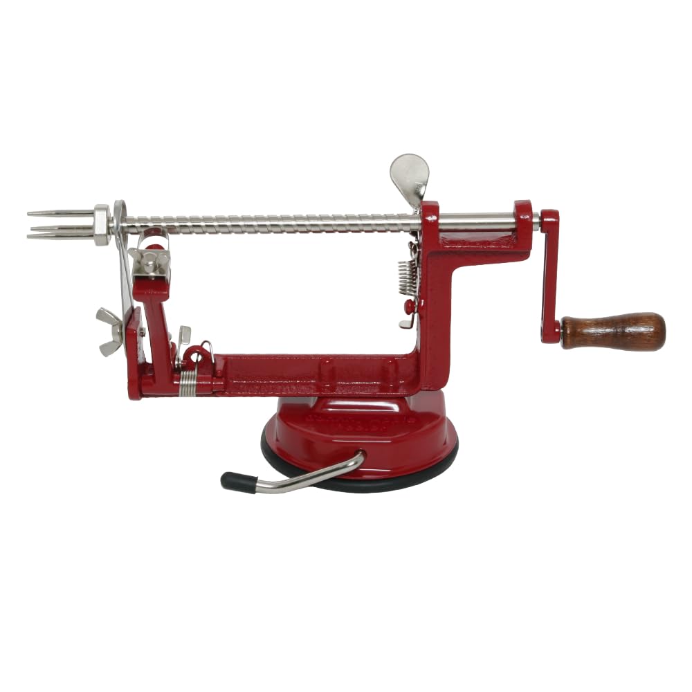 Johnny Apple Peeler front view showing cast iron body and handle for durable stability