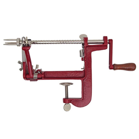 Johnny Apple Peeler front view showing cast iron body and crank for durable prep