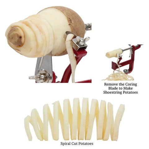 Johnny Apple Peeler in use on apple producing uniform slices for faster baking