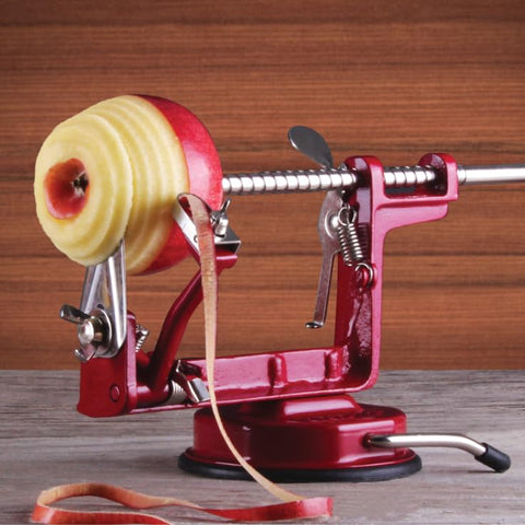 Johnny Apple Peeler packaging and label highlighting features and five-year warranty