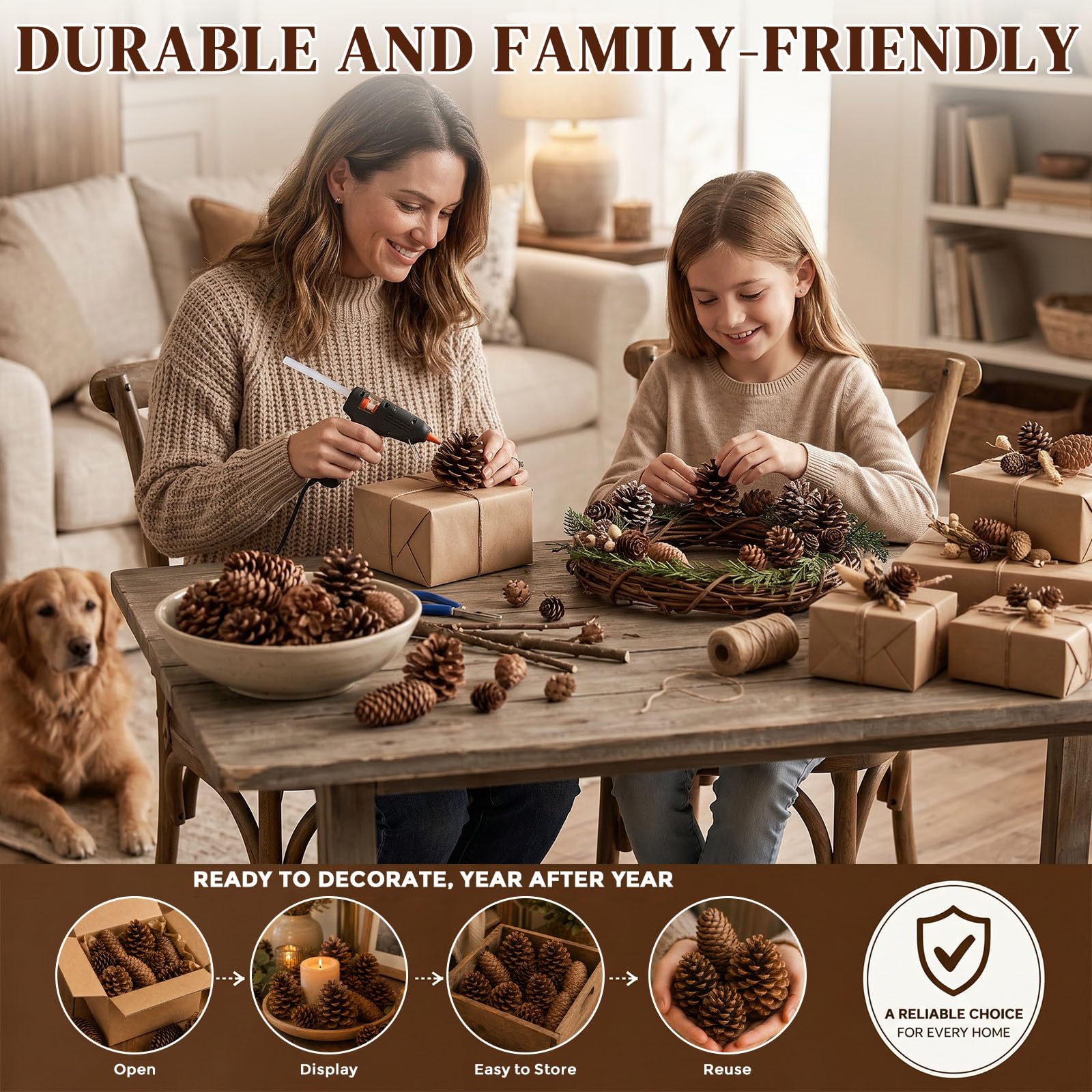 JOHOUSE pinecones styled on a mantel adding warm winter farmhouse ambiance