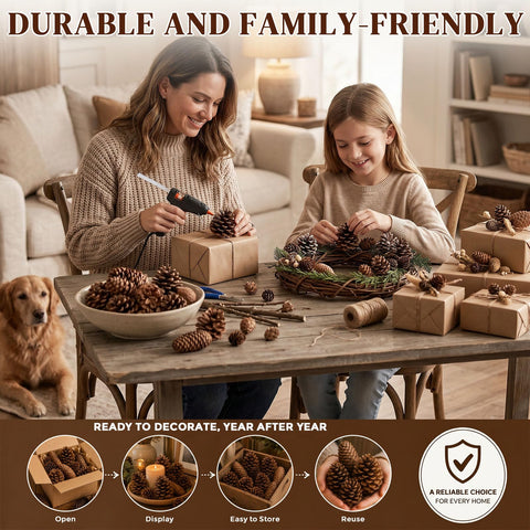 JOHOUSE pinecones styled on a mantel adding warm winter farmhouse ambiance