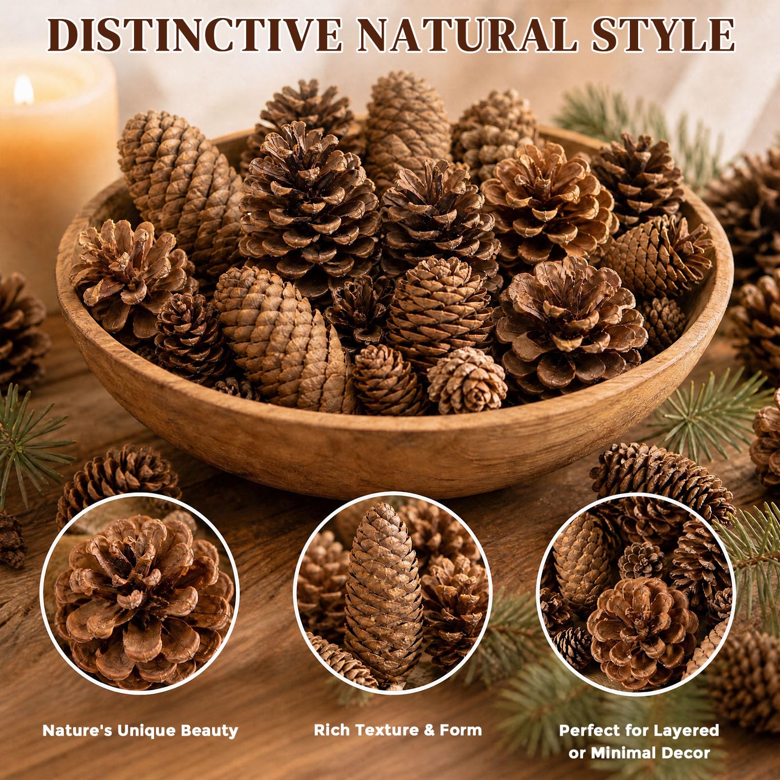 JOHOUSE pinecones held by hand showing assorted sizes for scale and versatility
