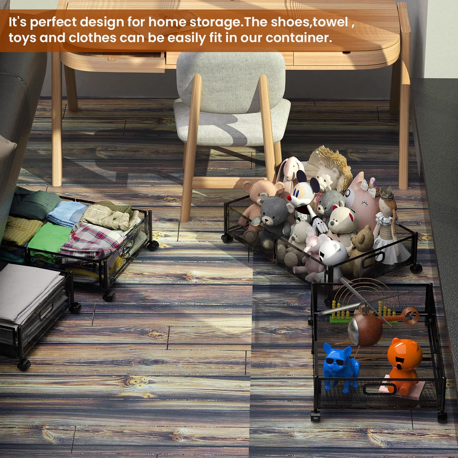 joibabe rolling container pulled out from under bed showing easy access to stored items