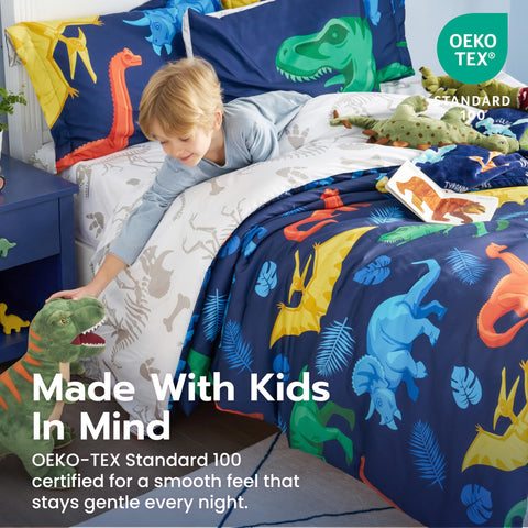 Joiedomi lifestyle photo of child’s bed set showing playful dinosaur design and inviting look