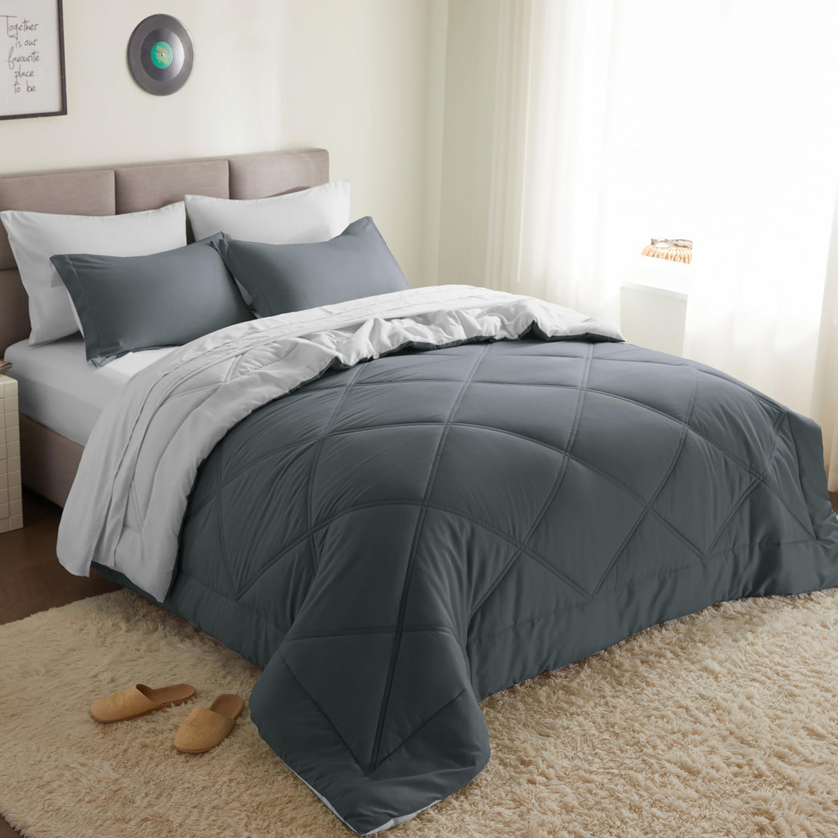 Joiedomi front view of dark grey comforter showing neat finish and instant bedroom upgrade