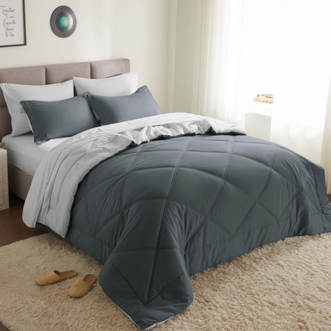 Joiedomi front view of dark grey comforter showing neat finish and instant bedroom upgrade