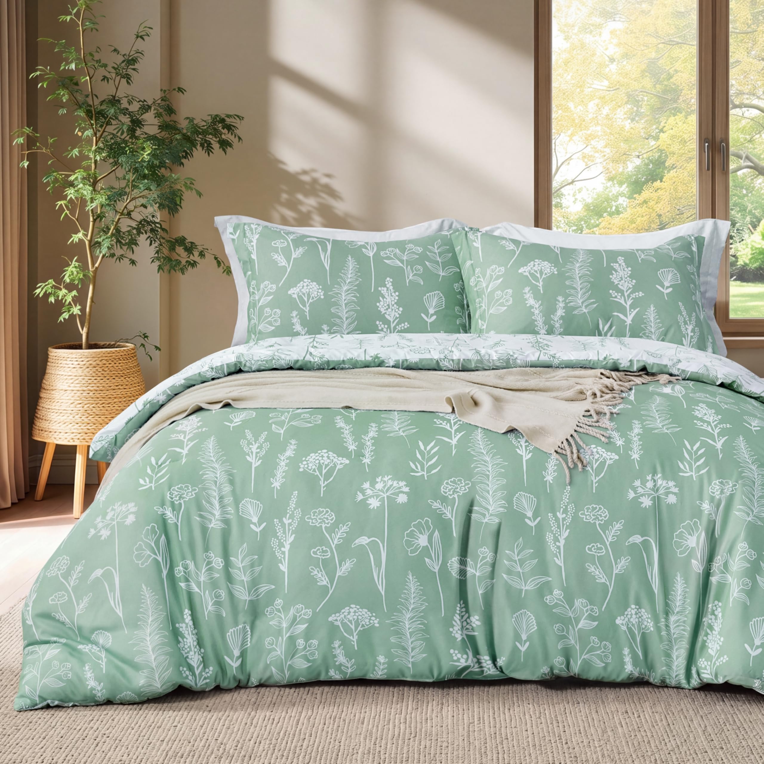Joiedomi front view of floral queen comforter set showing botanical design and packaging benefit