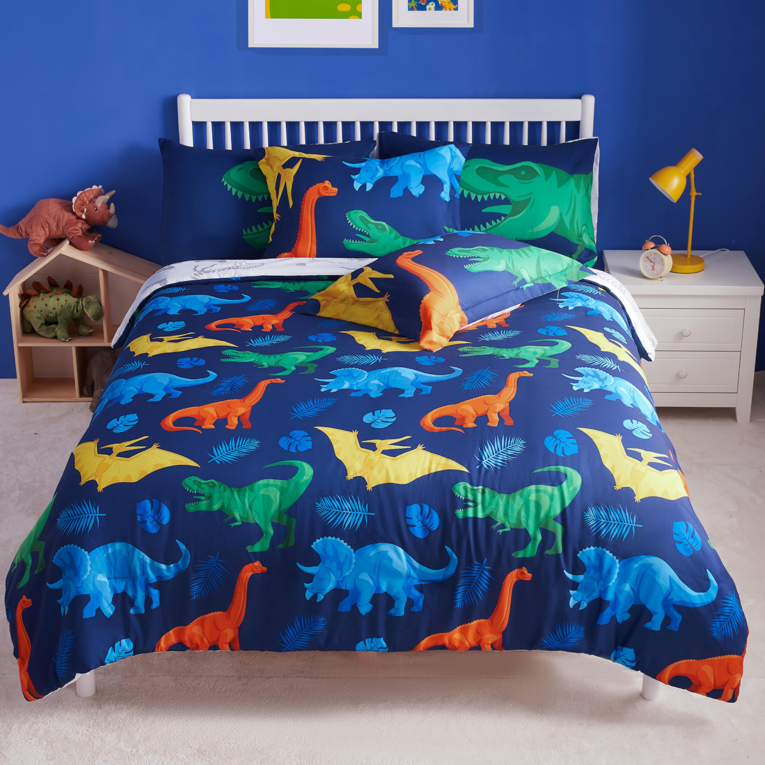 Joiedomi front view of full bedding set showing dark blue dinosaur print and complete contents