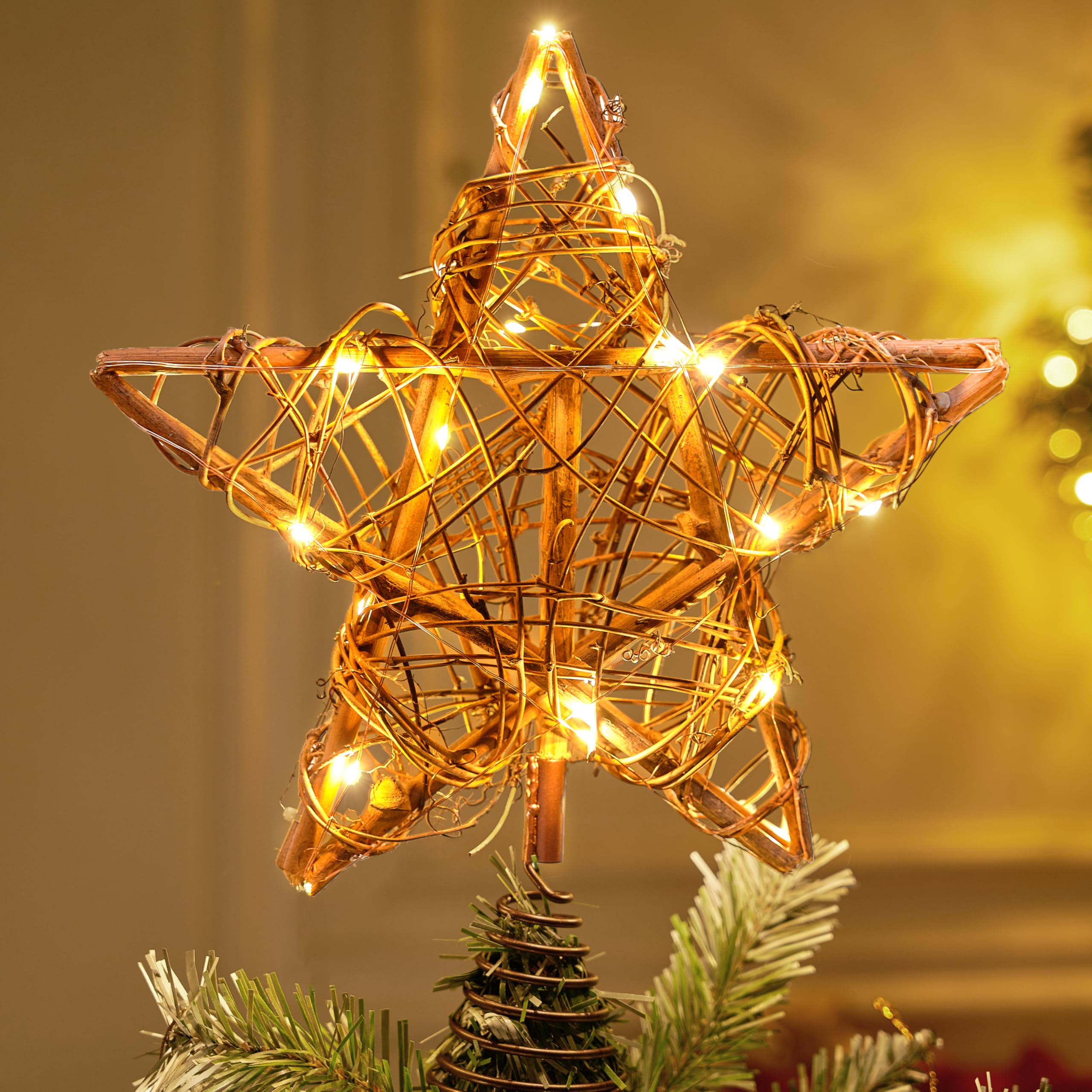 Joiedomi rattan star front view showing rustic shape and warm LED glow
