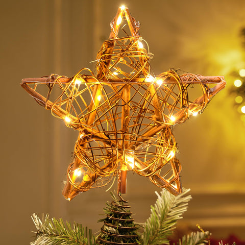 Joiedomi rattan star front view showing rustic shape and warm LED glow