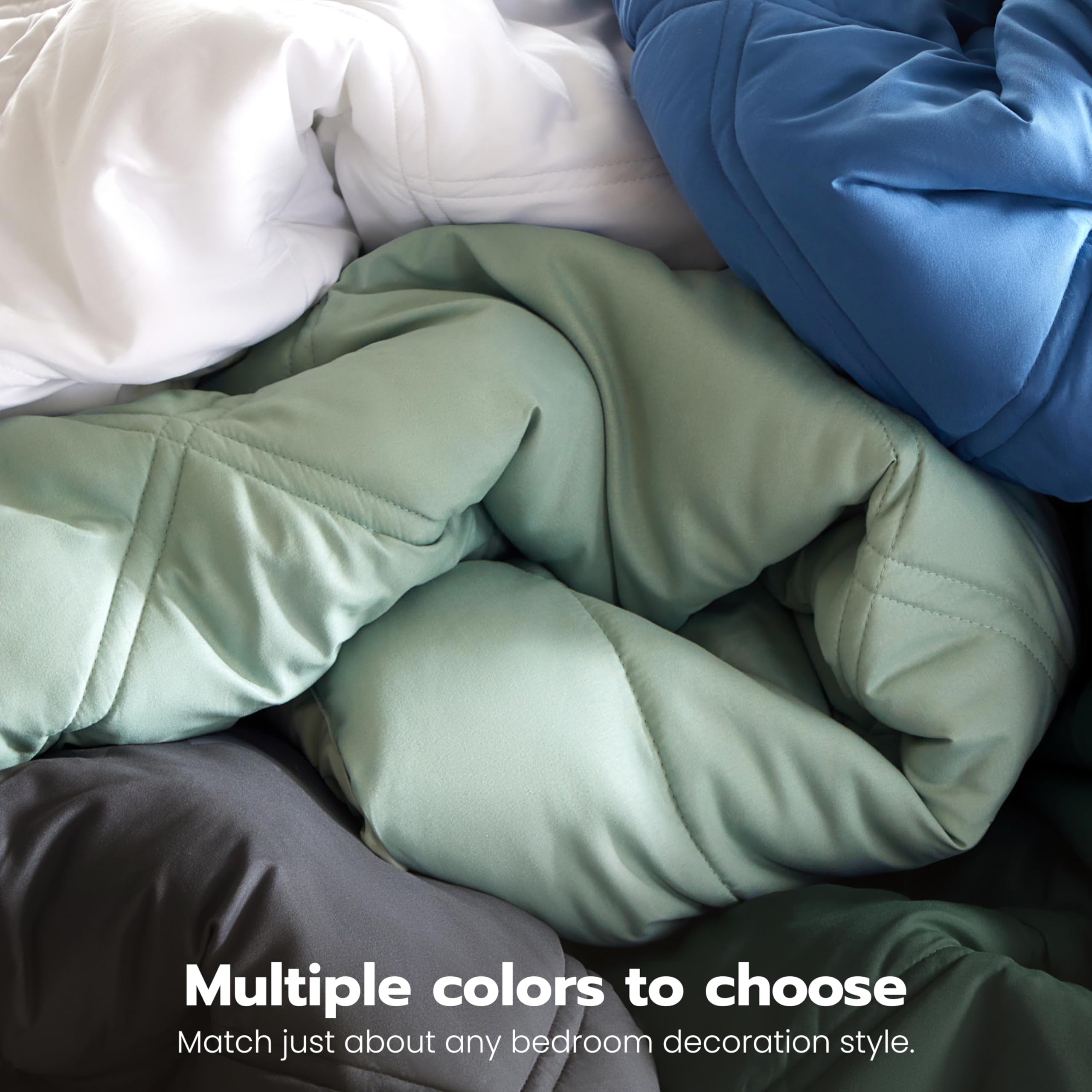 Joiedomi comforter on queen bed showing scale and complete coverage for standard mattress