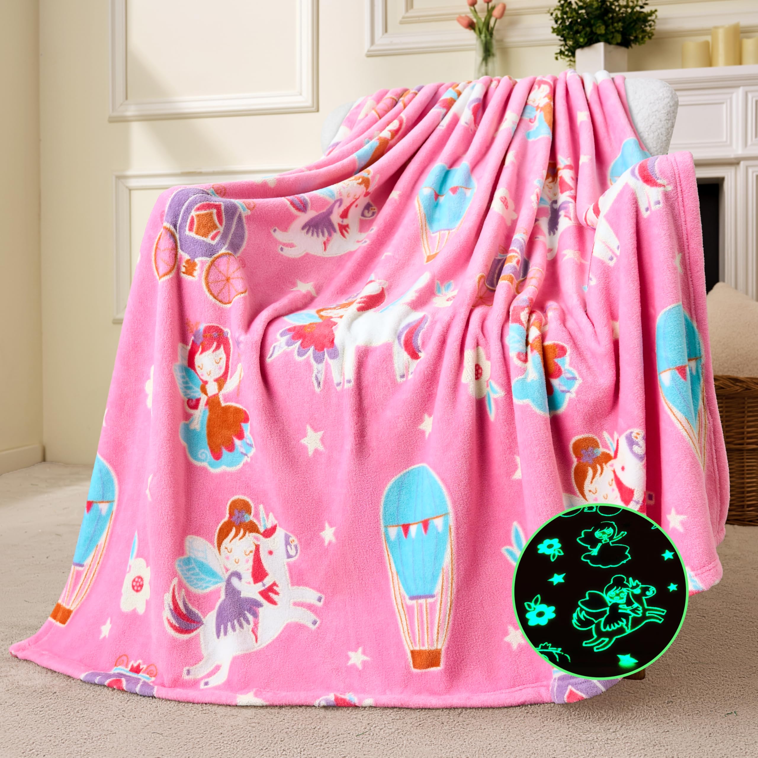 Joiedomi unicorn blanket front view showing pattern and glow benefit