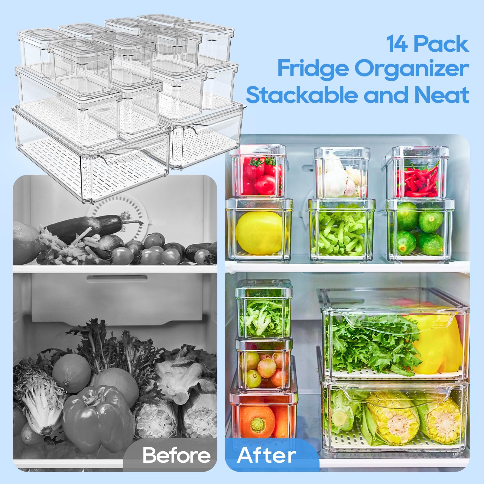 JollyPack bins in fridge with produce organized for fast meal prep