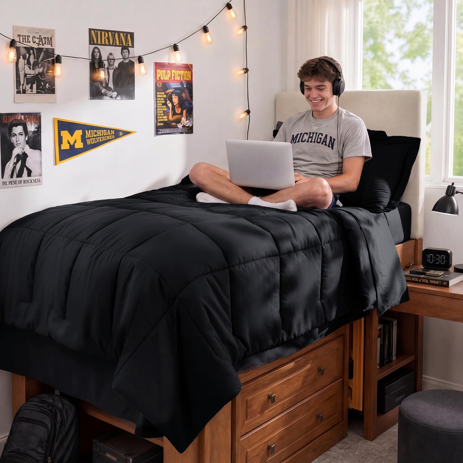 JOLLYVOGUE made bed on Twin XL mattress showing sleek black styling and cozy look