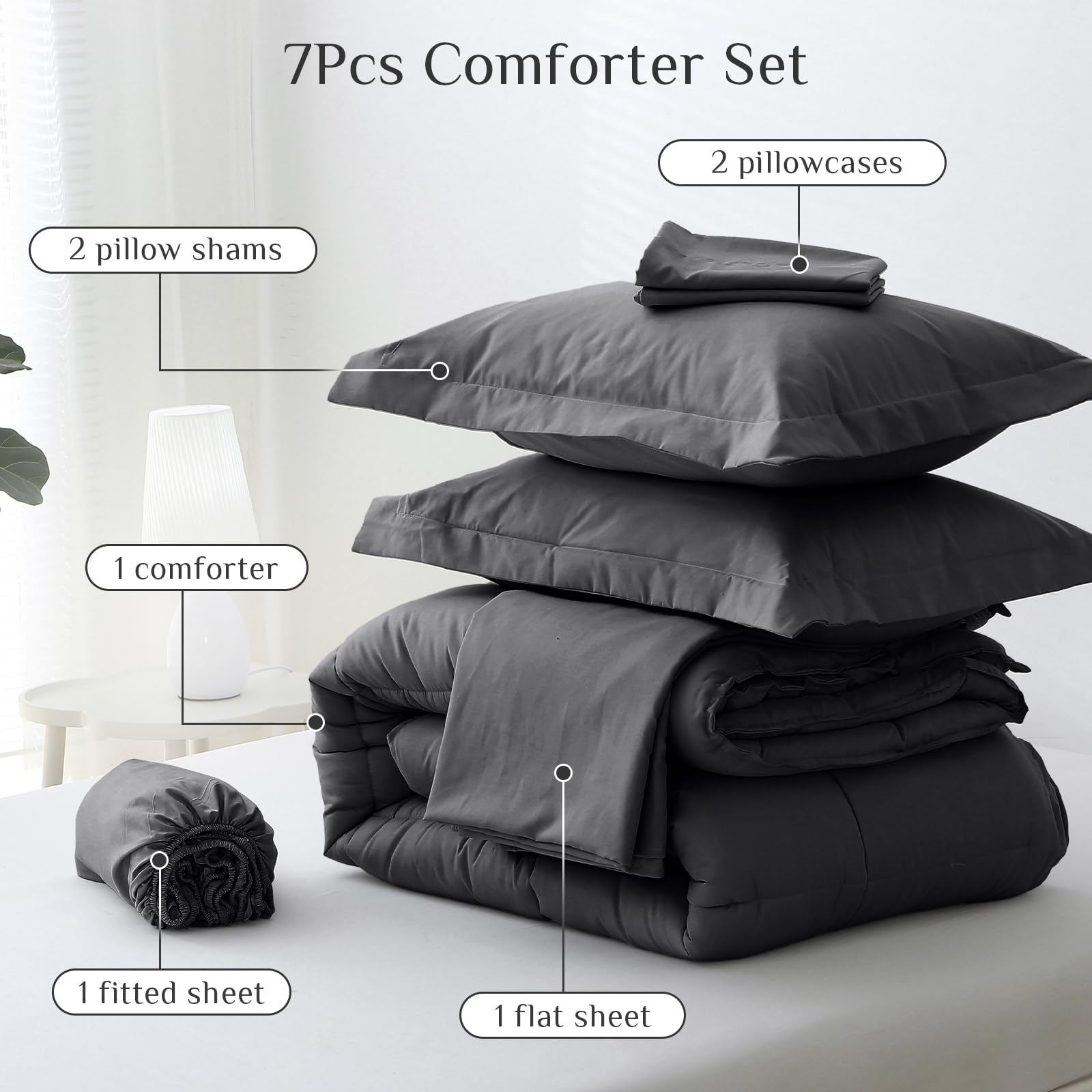 JOLLYVOGUE styled bedroom with set showing cohesive dark grey aesthetic and comfort