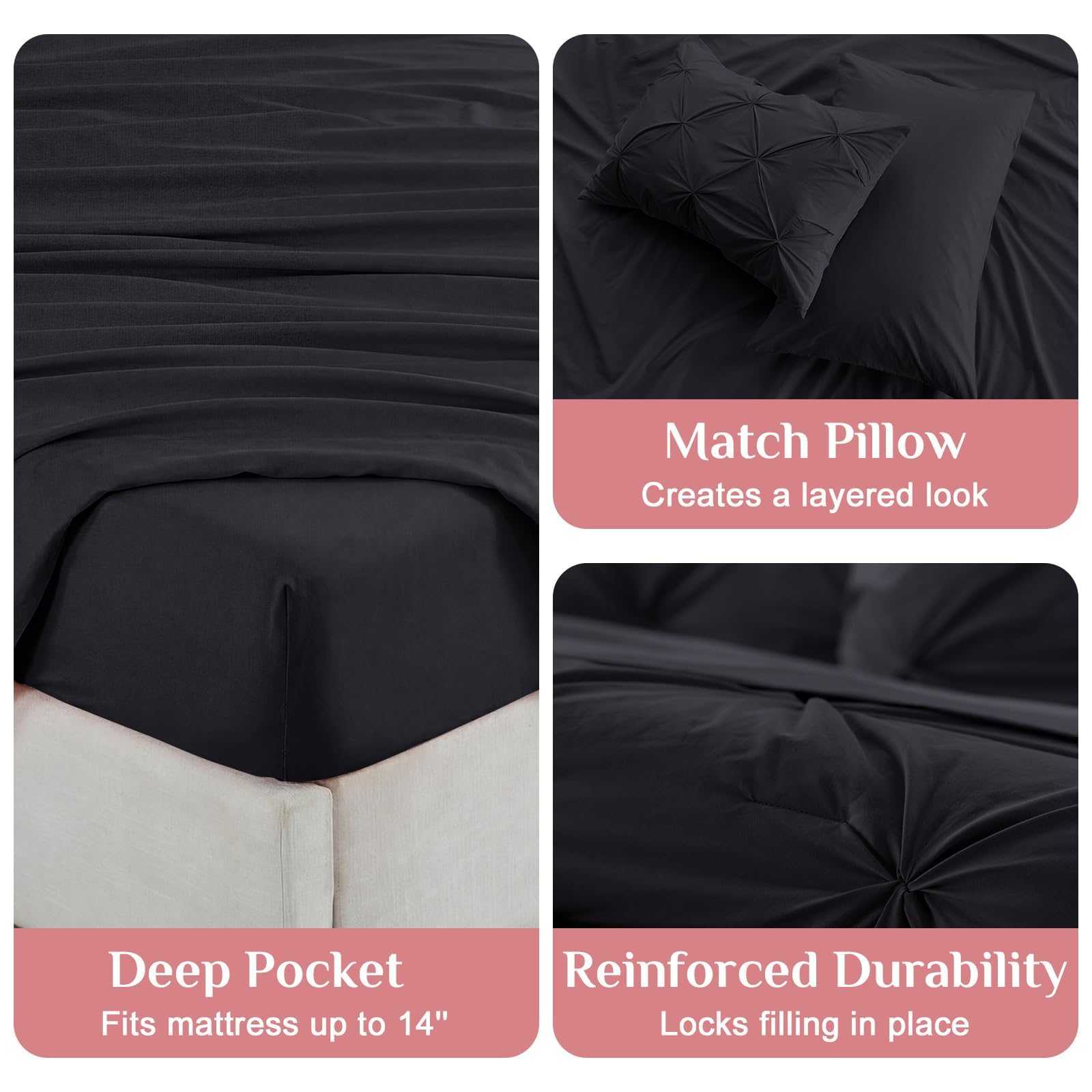 JOLLYVOGUE comforter on queen bed showing generous coverage and fit