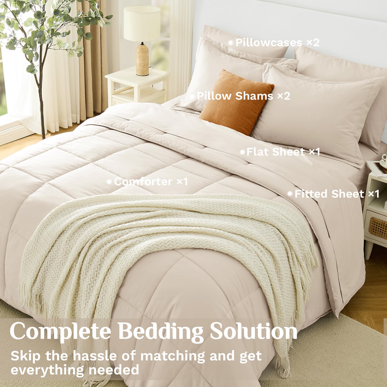 JOLLYVOGUE full 7-piece set laid out to show included comforter, sheets and shams