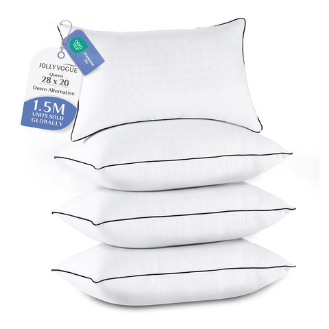 JOLLYVOGUE front view of four queen pillows showing neat hotel-style appearance and uniform support