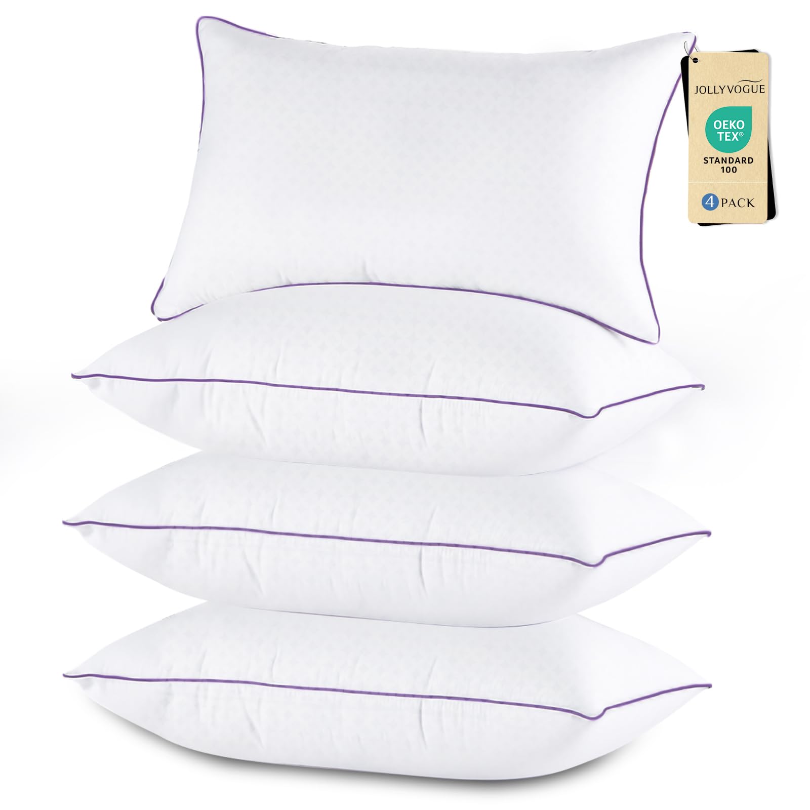 JOLLYVOGUE front packaging showing set of four pillows and neat presentation benefit