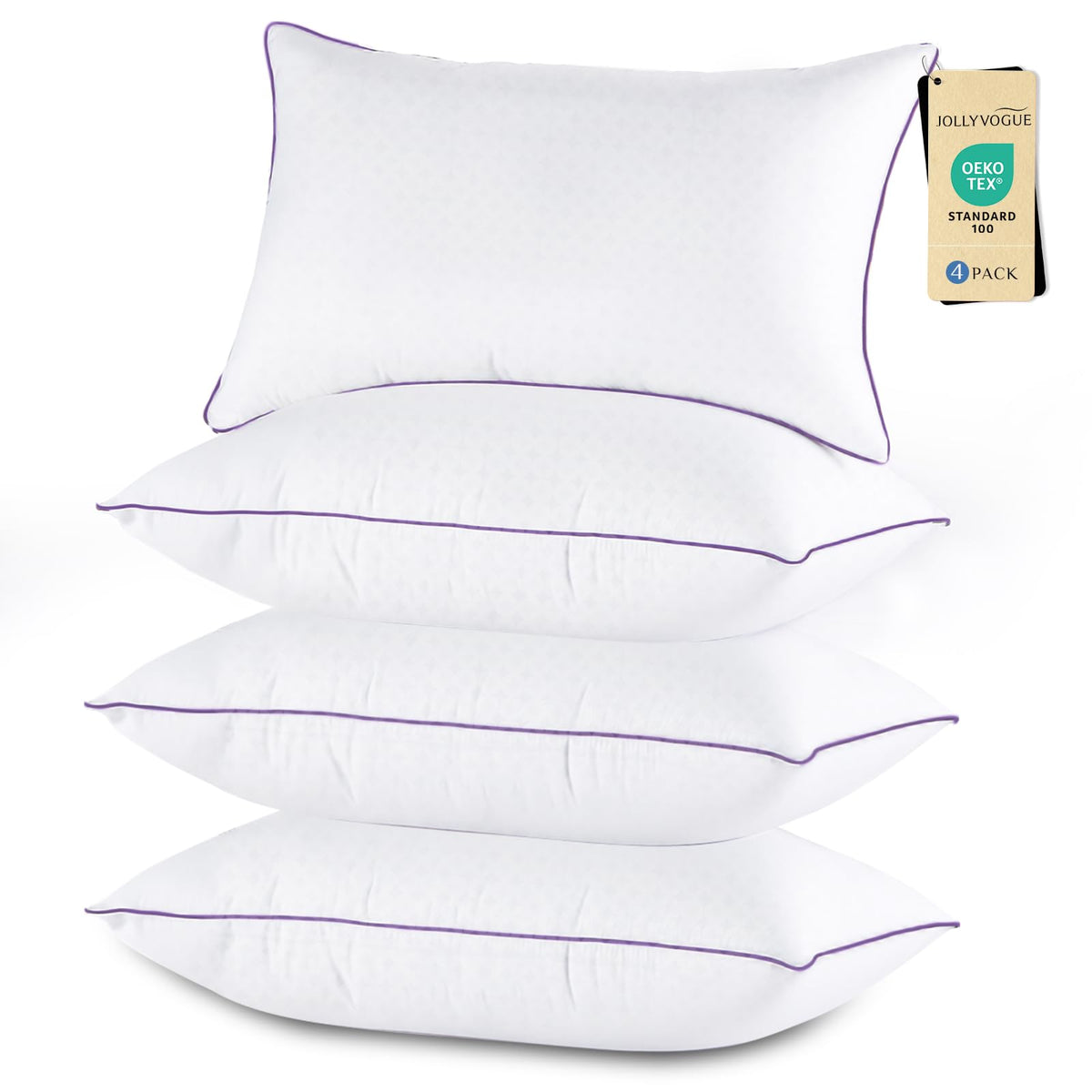JOLLYVOGUE front packaging showing set of four pillows and neat presentation benefit