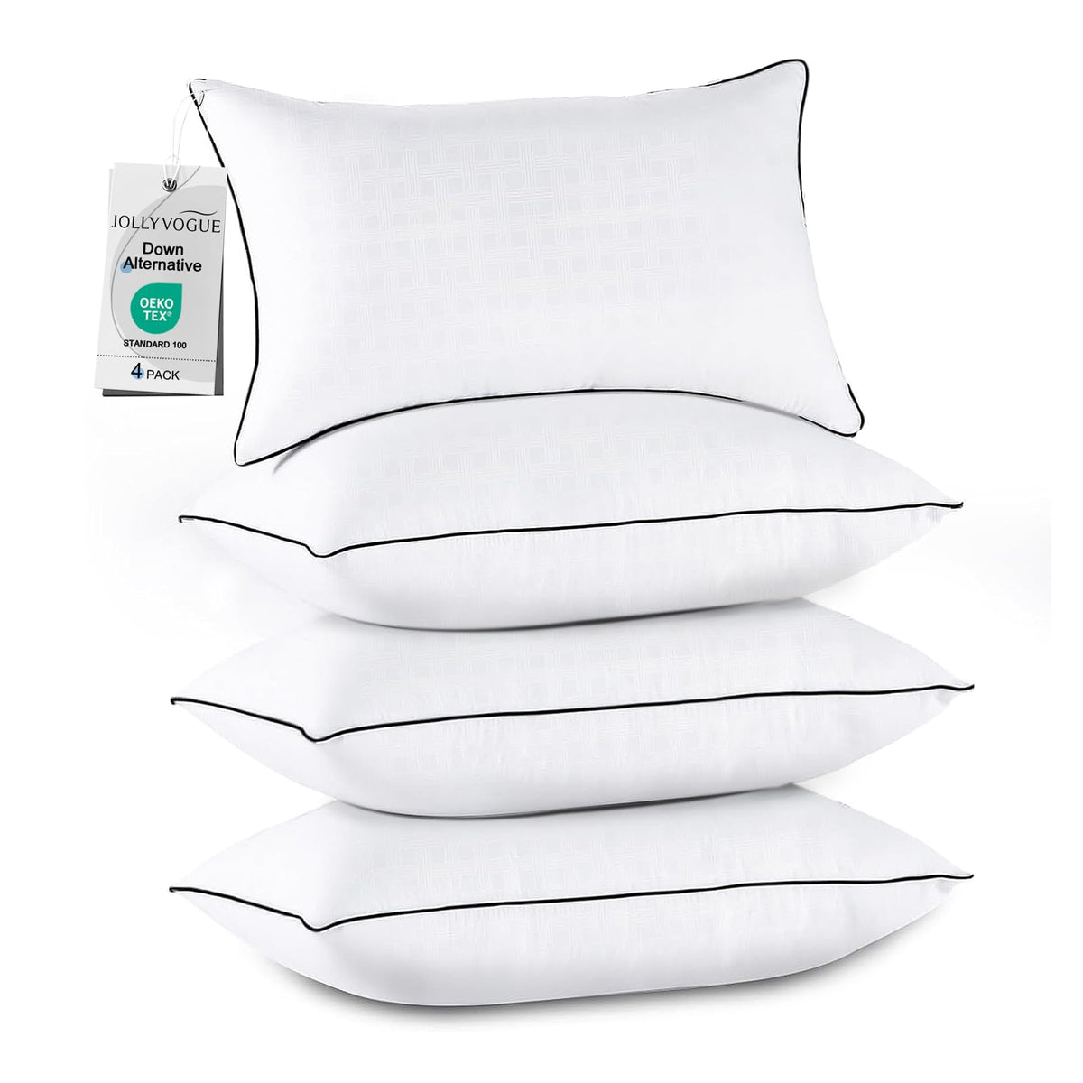 JOLLYVOGUE front packaging showing four standard pillows and easy setup benefit