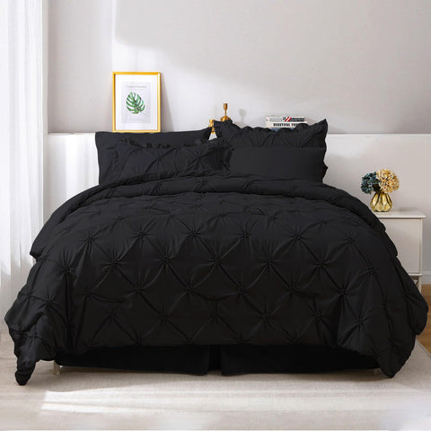 JOLLYVOGUE front view comforter on queen bed showing elegant pinch pleat