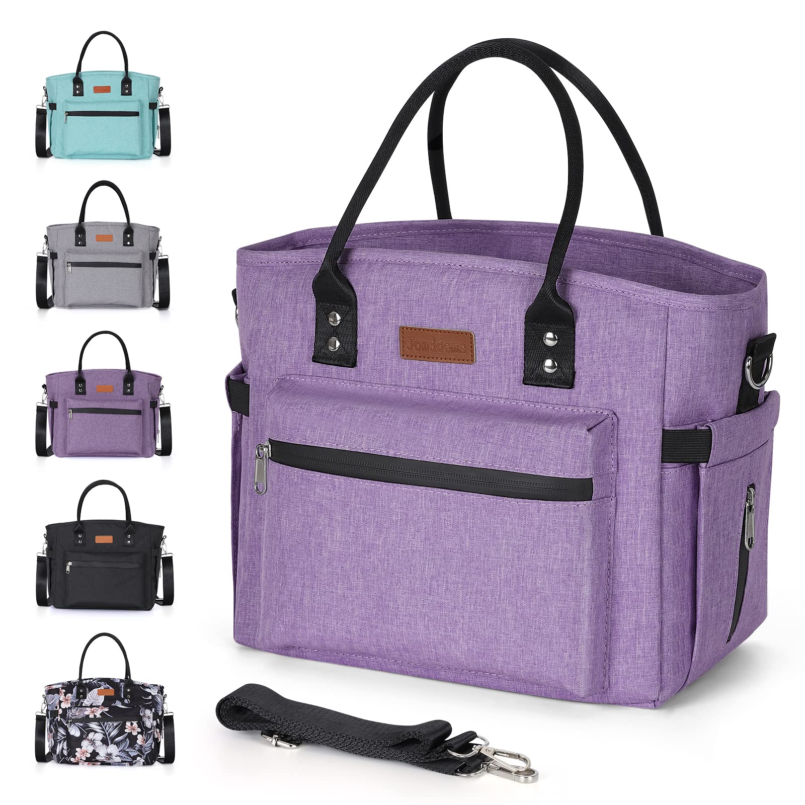 Jomddems front view of insulated lunch bag showing organized pockets and sturdy build