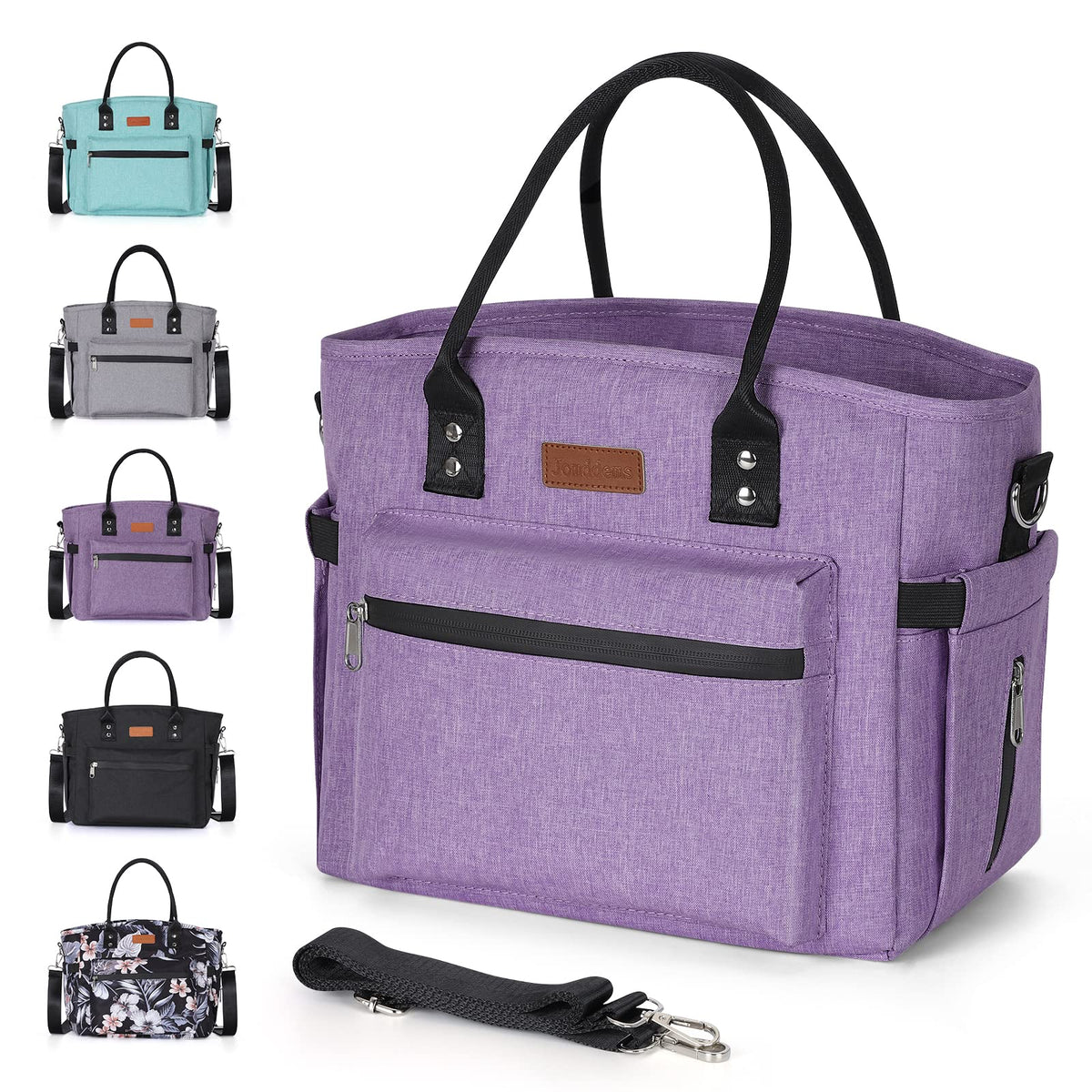 Jomddems front view of insulated lunch bag showing organized pockets and sturdy build