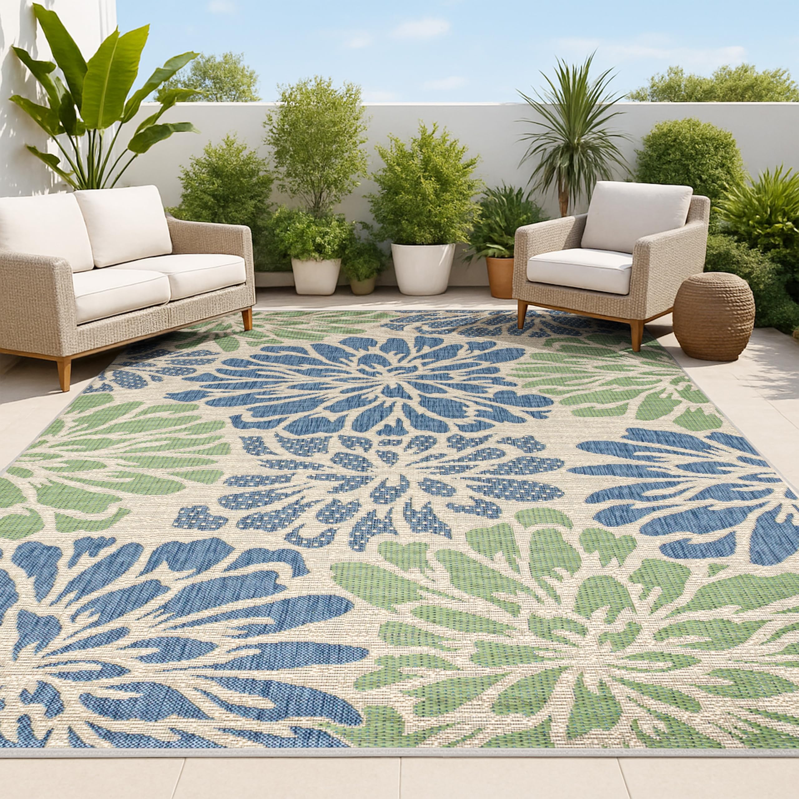 JONATHAN Y front view of 8x10 navy green rug showing bold blooms and layout benefit