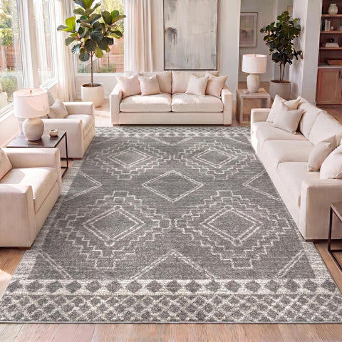 JONATHAN Y front view of gray and ivory 8x10 rug showing full design and fit