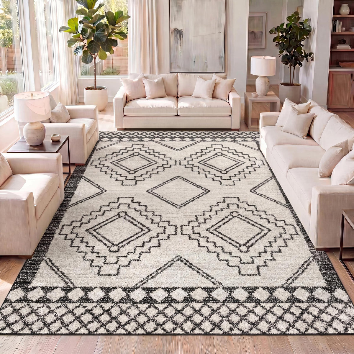 JONATHAN Y rug front view showing bold black-and-ivory medallion and modern contrast