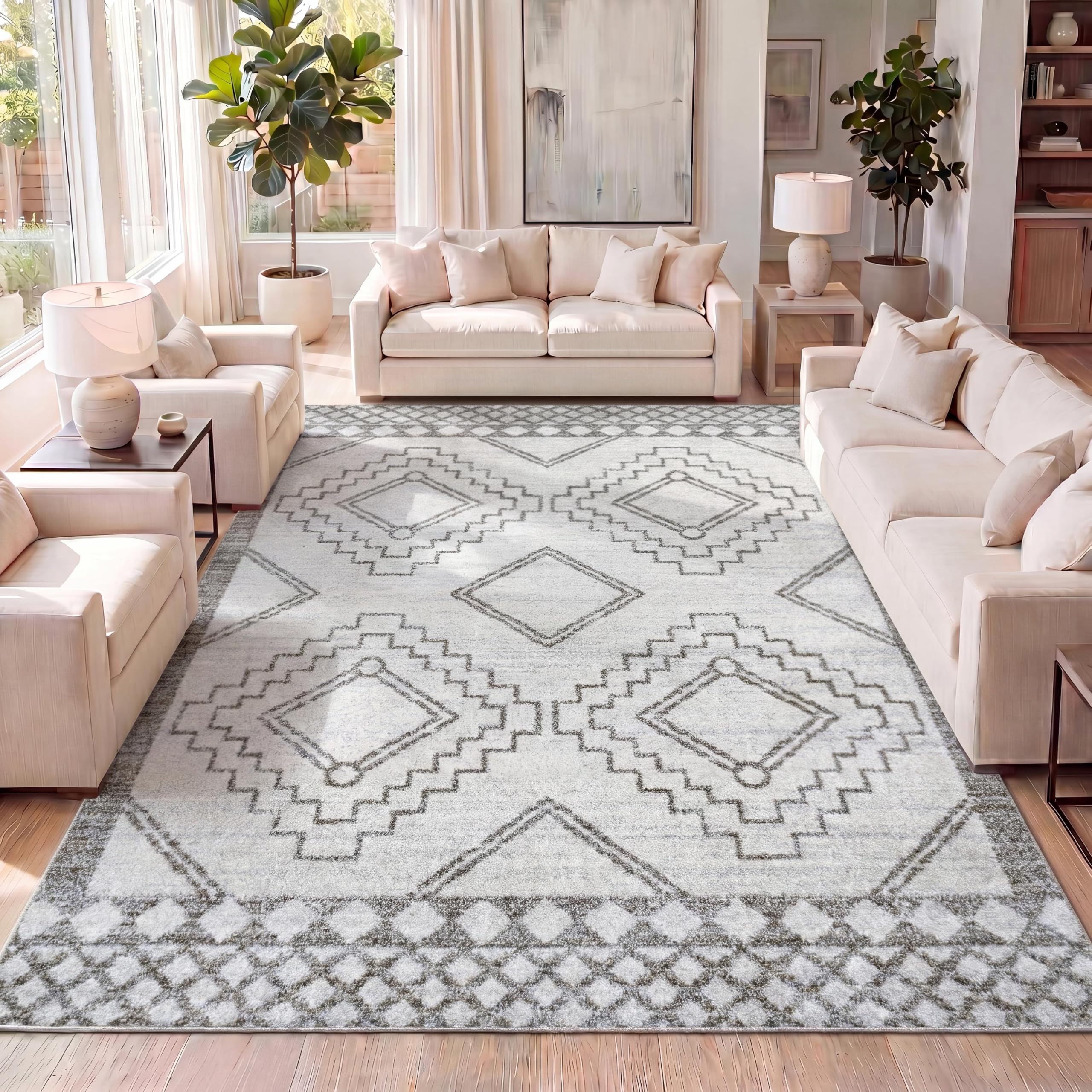 JONATHAN Y front view of rug showing gray medallion and ivory field for modern impact