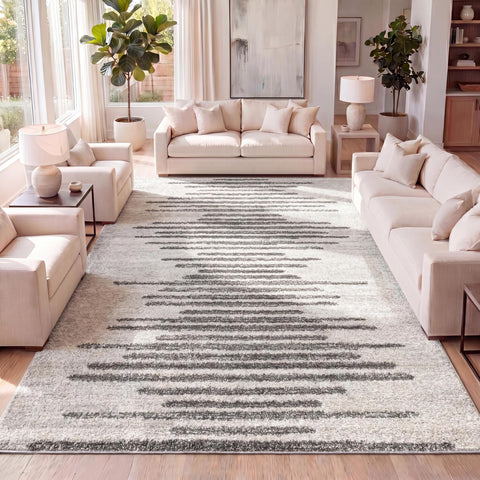 JONATHAN Y front view of rug showing cream and gray stripes, adds neutral focal point
