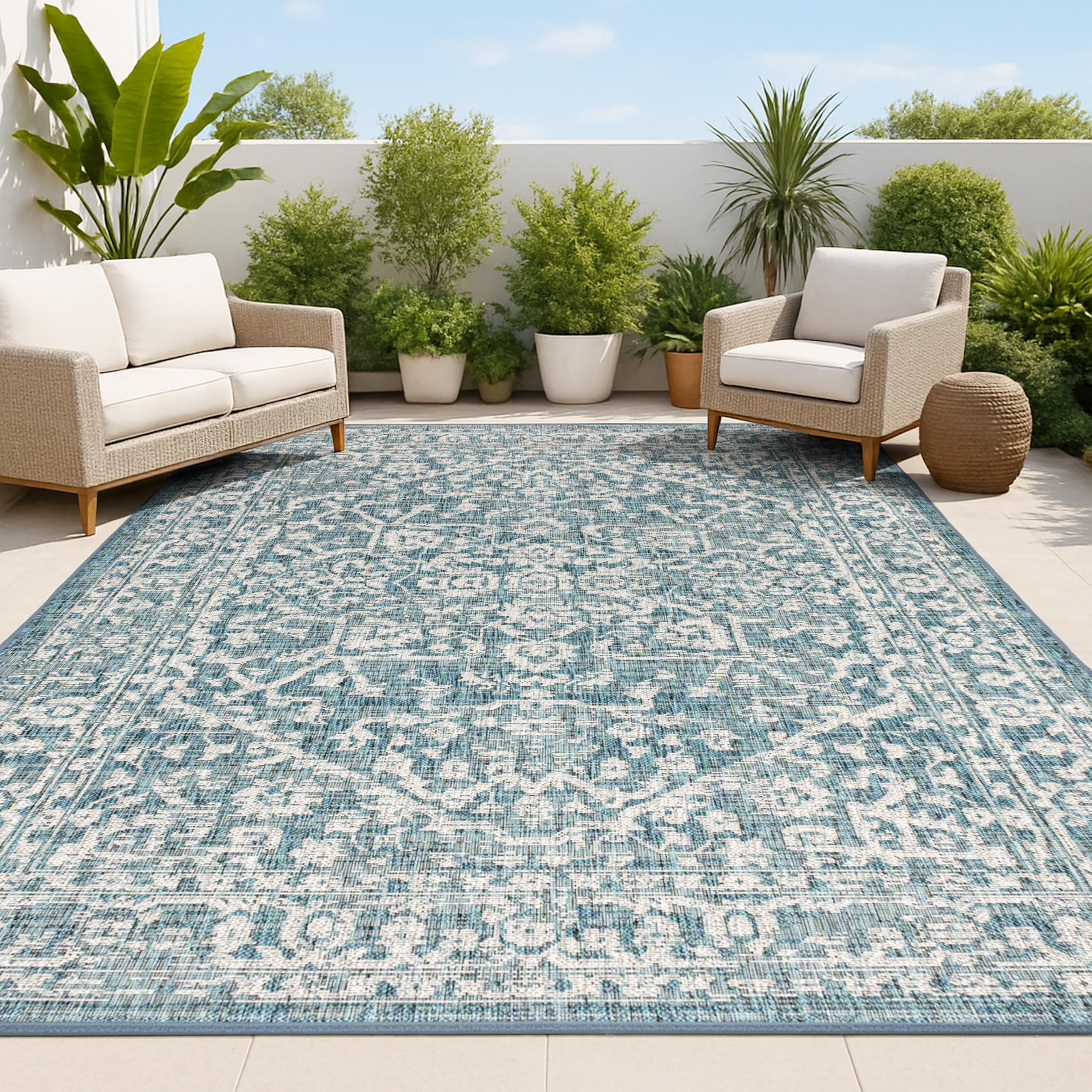 JONATHAN Y front view of teal gray medallion rug showing full pattern and placement benefit