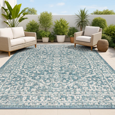 JONATHAN Y front view of teal gray medallion rug showing full pattern and placement benefit