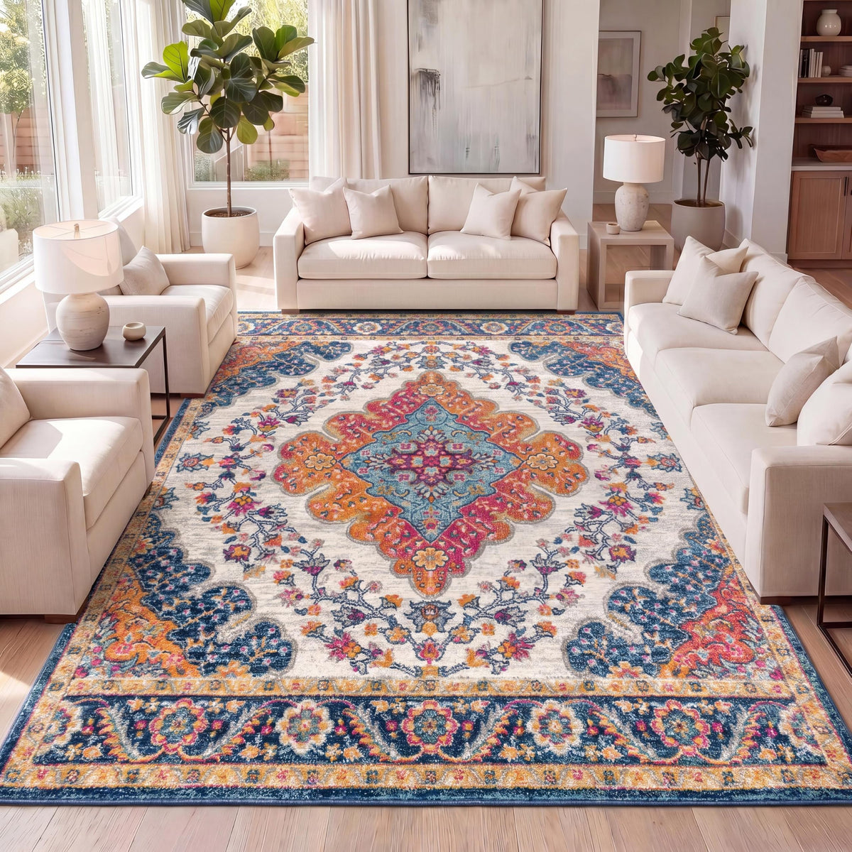 JONATHAN Y front view of rug showing full boho medallion — adds color and style